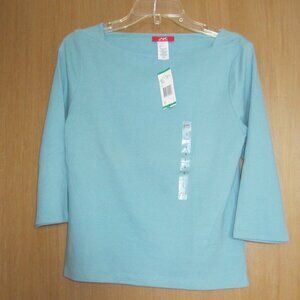 NWT - ANNE KLEIN SPORT Women's Rib Tee Top Size L, 3/4 Sleeve, Boat Neck, Creek